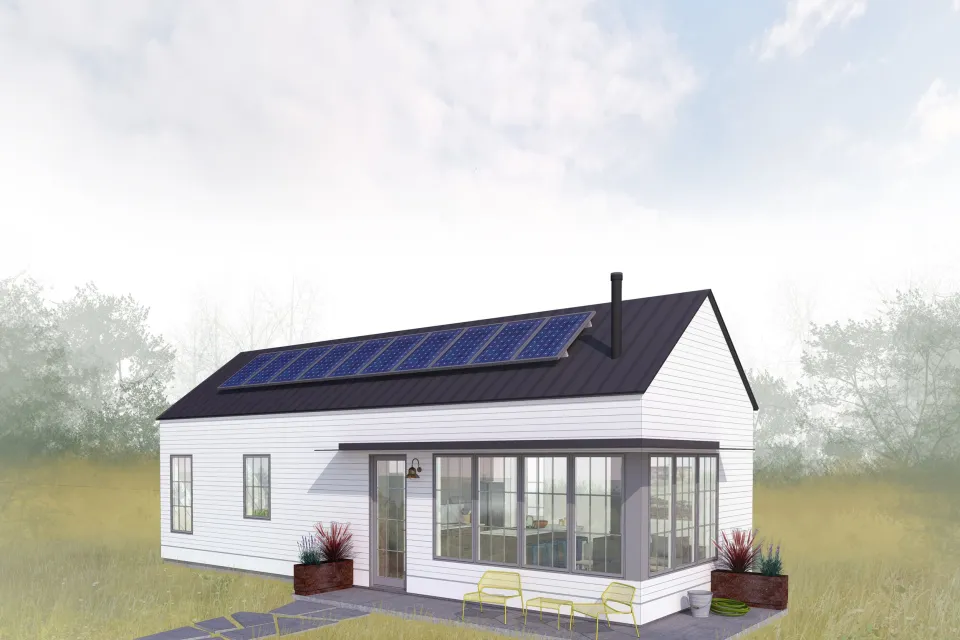 Rendering of white cottage-style ADU